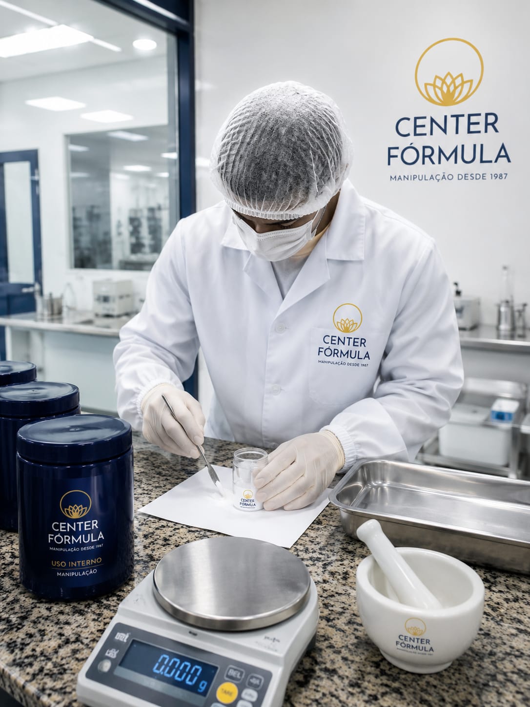 Farmacêutica manipulando cápsulas na Center Fórmula